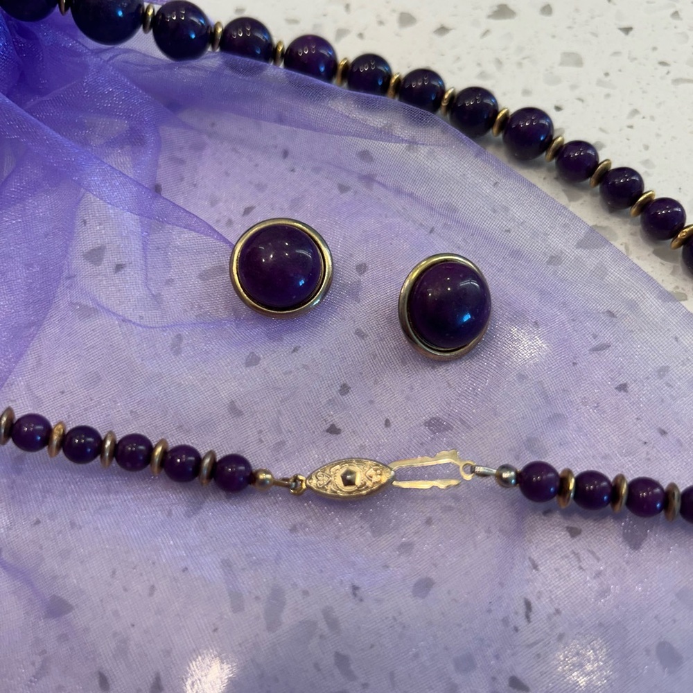 Vintage Necklace and Earrings Set Purple/Gold Beads